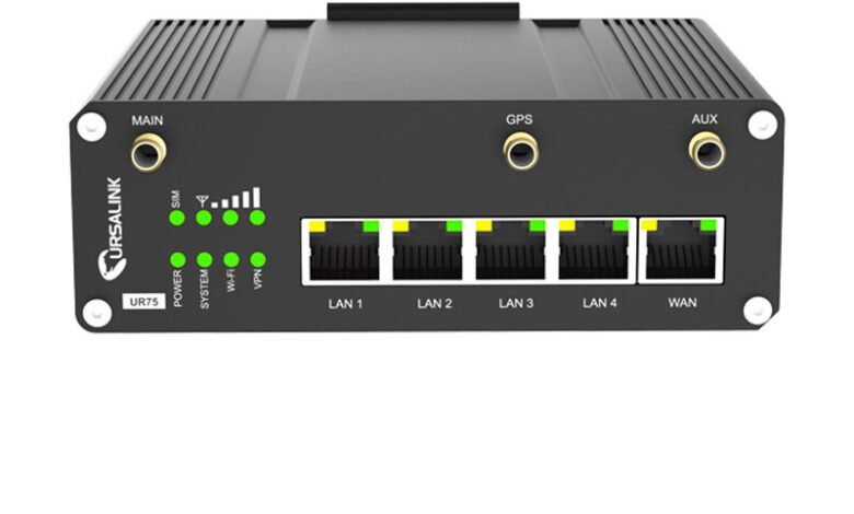 Front view of a black Ursalink UR75 industrial router with multiple LAN ports and indicator lights.