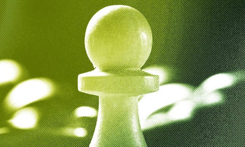 Close-up of a white chess pawn with a green gradient overlay.