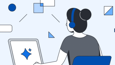 Person wearing headphones working on a laptop with abstract shapes floating around.