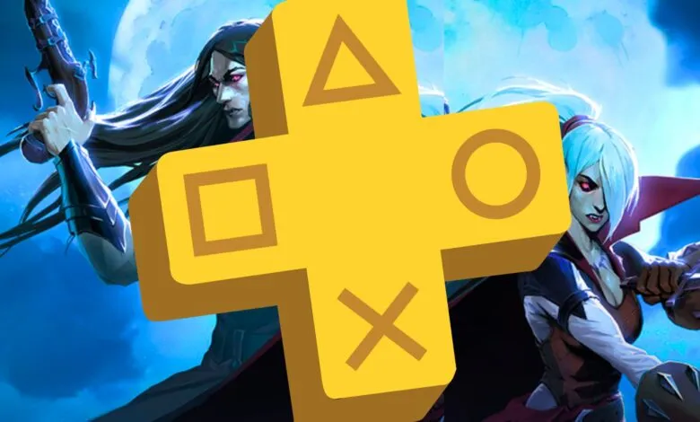 PlayStation Plus logo overlaying artwork of two fantasy characters with swords.