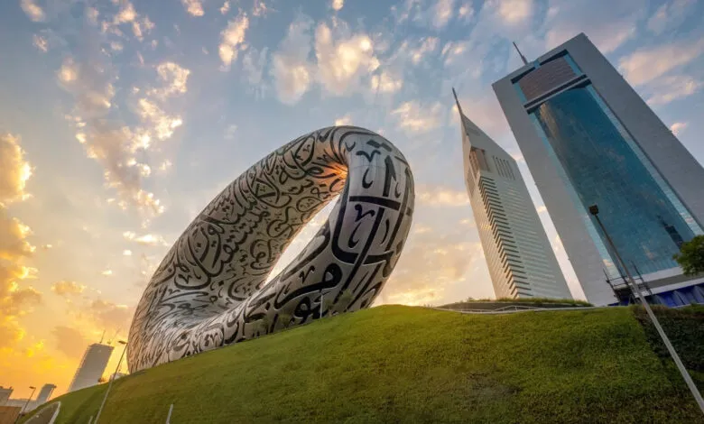 The Museum of the Future in Dubai with Arabic calligraphy on its facade.