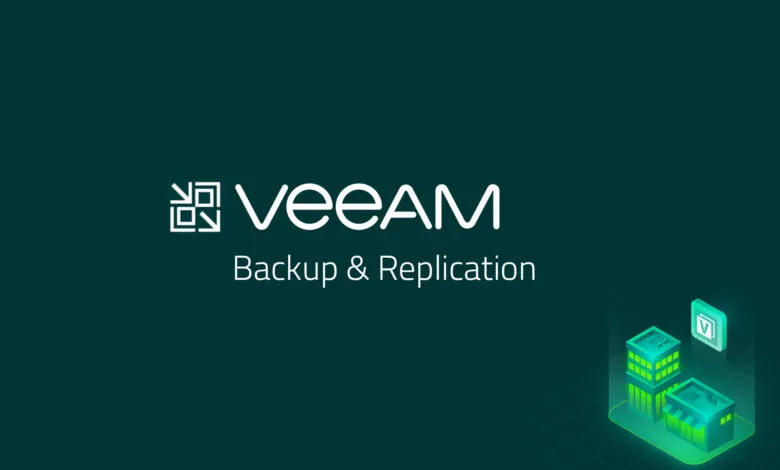 Veeam logo and 'Backup & Replication' text with isometric building graphics.