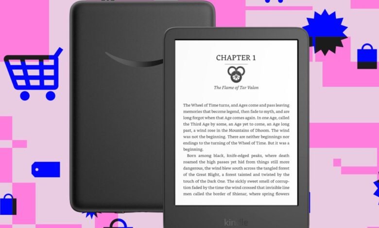 Amazon Kindle e-reader displaying a book with shopping icons and dollar sign