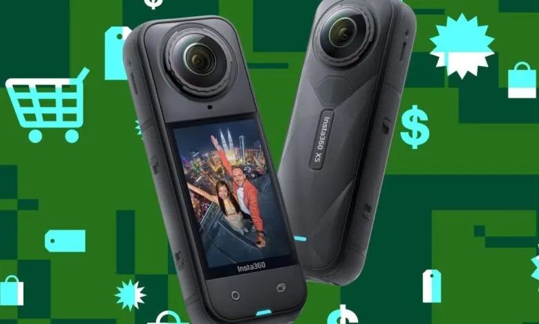 Two Insta360 X3 cameras displayed against a green background with shopping icons.