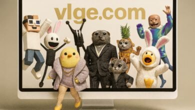 A group of quirky 3D animated characters celebrating on a computer screen with the VLGE.COM logo.