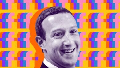 Mark Zuckerberg smiling against a vibrant background with repeating Facebook logos.
