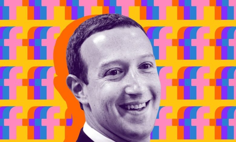 Mark Zuckerberg smiling against a vibrant background with repeating Facebook logos.