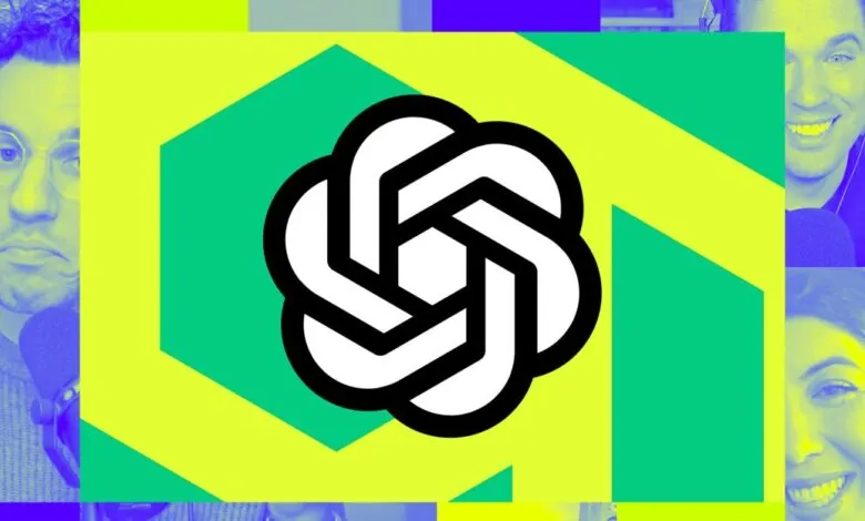 Collage featuring the OpenAI logo with faces of people in vibrant blue and yellow tones.