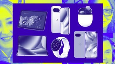 Collage of Google Pixel devices including phones, tablet, watch, and earbuds.