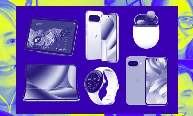 Collage of Google Pixel devices including phones, tablet, watch, and earbuds.