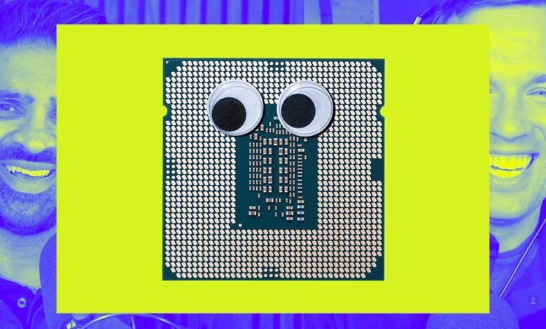 A computer CPU with googly eyes, framed by two smiling men in blue and yellow tones.