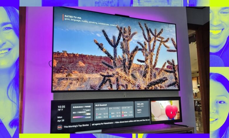 Split screen collage showing people's faces and a TV displaying desert scenery and sports scores.