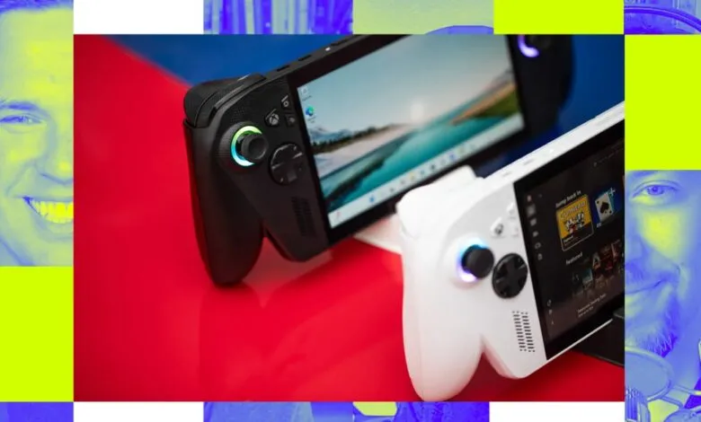 Two handheld gaming PCs, one black and one white, displayed on a red surface with colorful abstract overlays.