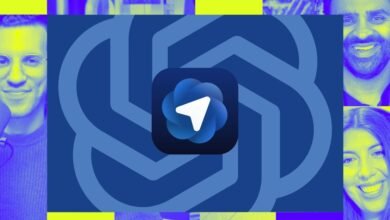 App icon with a white arrow inside a blue swirling shape on a blue background with people's faces.