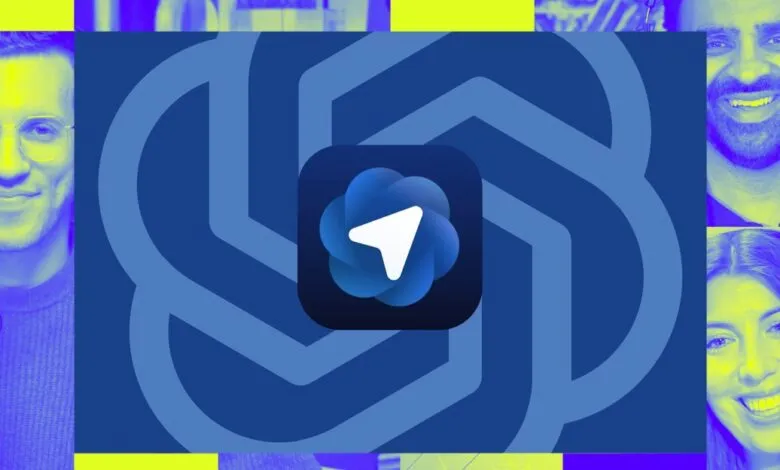 App icon with a white arrow inside a blue swirling shape on a blue background with people's faces.
