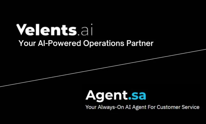 Logos and taglines for Velents.ai and Agent.sa, both AI-powered services.