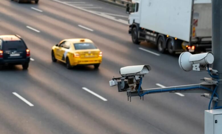 Traffic cameras mounted on a pole overlooking a highway with cars and a truck.