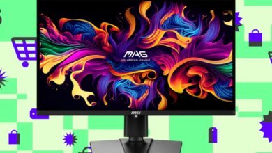 MSI MAG gaming monitor displaying vibrant abstract art with shopping icons on a light green background.