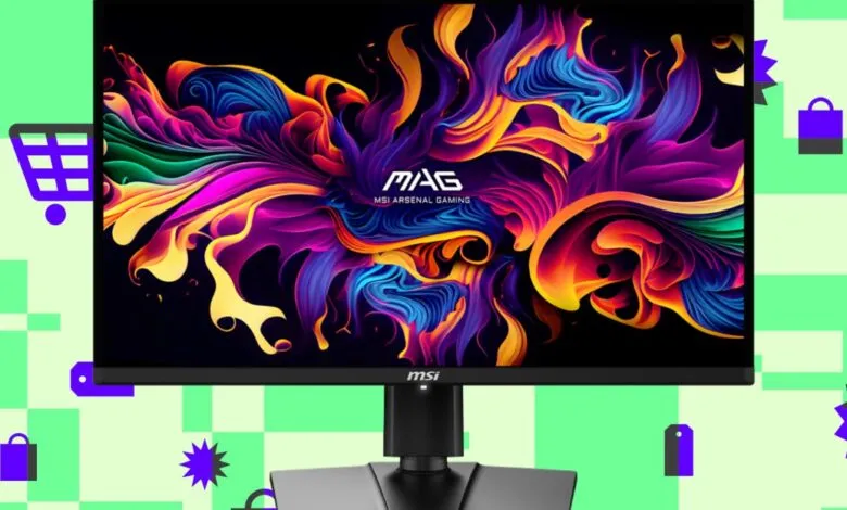 MSI MAG gaming monitor displaying vibrant abstract art with shopping icons on a light green background.