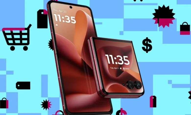 Motorola Razr Ultra foldable phone displayed with shopping icons and dollar signs.