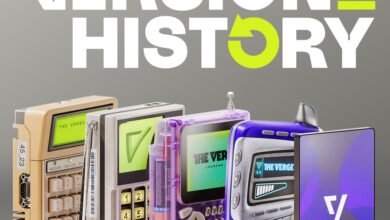 A collection of retro tech devices with screens displaying 'The Verge' logo and loading indicators.
