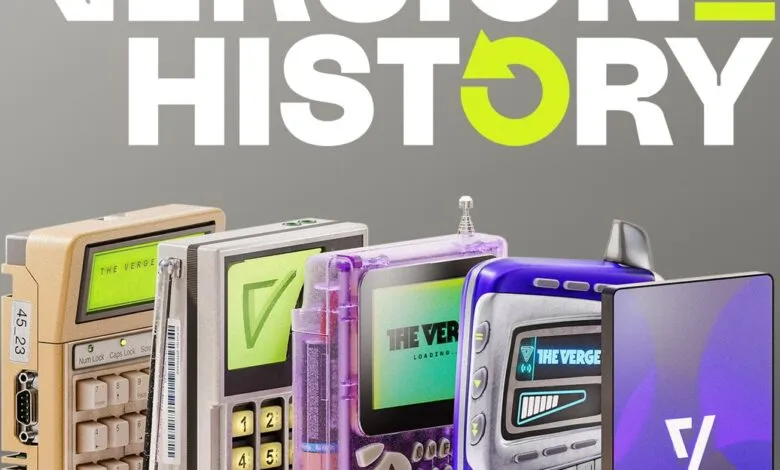 A collection of retro tech devices with screens displaying 'The Verge' logo and loading indicators.