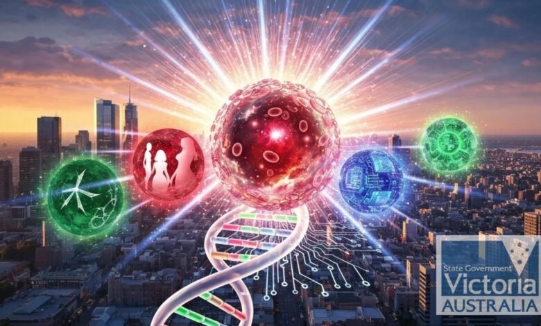 Futuristic cityscape with glowing orbs representing science and technology, DNA strand, and circuit board.