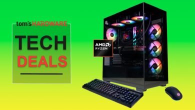 Gaming PC with RGB lighting, keyboard, and mouse, alongside 'Tom's Hardware Tech Deals' text.