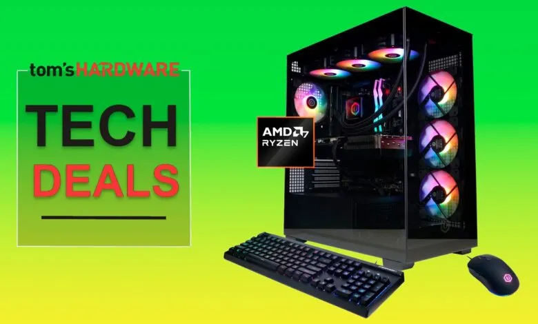 Gaming PC with RGB lighting, keyboard, and mouse, alongside 'Tom's Hardware Tech Deals' text.