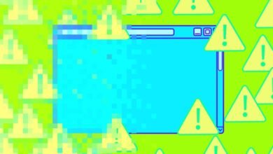 A digital illustration of a browser window dissolving into pixels amidst warning signs.