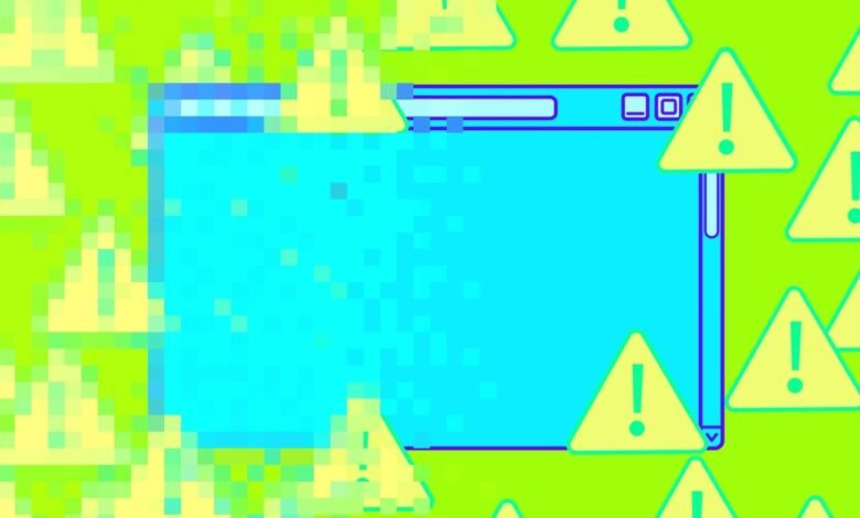A digital illustration of a browser window dissolving into pixels amidst warning signs.