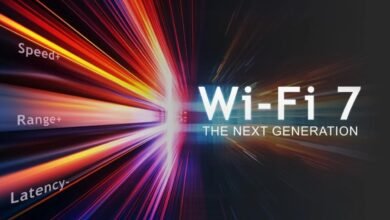 Wi-Fi 7 logo with abstract light streaks indicating speed, range, and low latency.