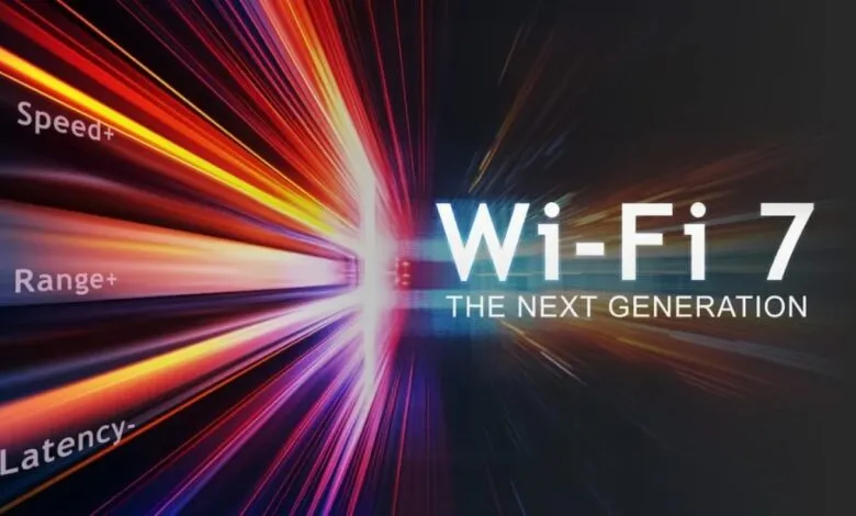 Wi-Fi 7 logo with abstract light streaks indicating speed, range, and low latency.