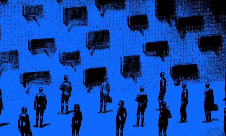 Silhouettes of people looking at speech bubbles with 'AI' and binary code.