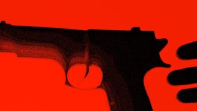 Silhouette of a handgun held by a hand against a vibrant red background.