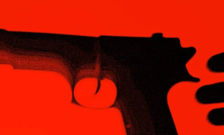 Silhouette of a handgun held by a hand against a vibrant red background.