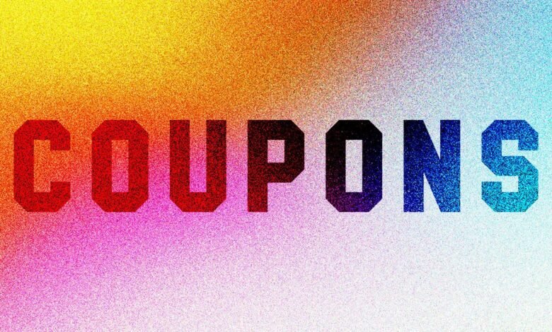 The word COUPONS in bold, block letters with a gradient color effect.
