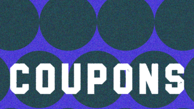 The word COUPONS in bold white letters against a background of dark green circles and purple.