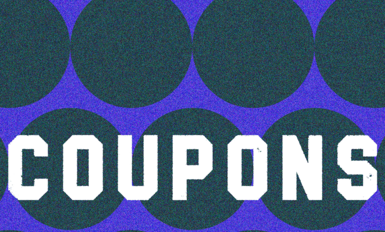 The word COUPONS in bold white letters against a background of dark green circles and purple.