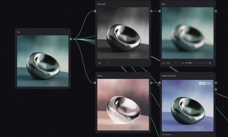 Digital art workflow showing image processing nodes with a metallic chair.