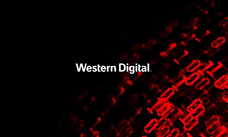 Western Digital logo on a dark background with red digital data streams.