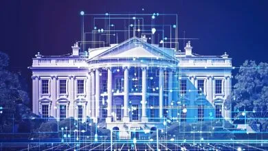 The White House overlaid with a digital network of lines and nodes.