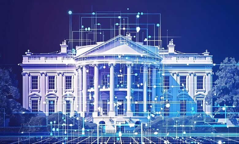 The White House overlaid with a digital network of lines and nodes.