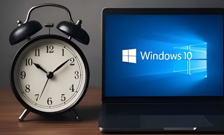 A classic alarm clock sits next to a laptop displaying the Windows 10 logo.