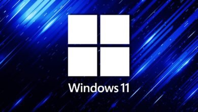 The Windows 11 logo with a dynamic blue abstract background.