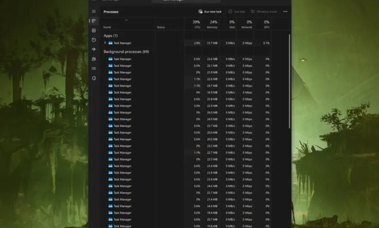 Windows 11 Task Manager showing numerous background processes consuming minimal resources.