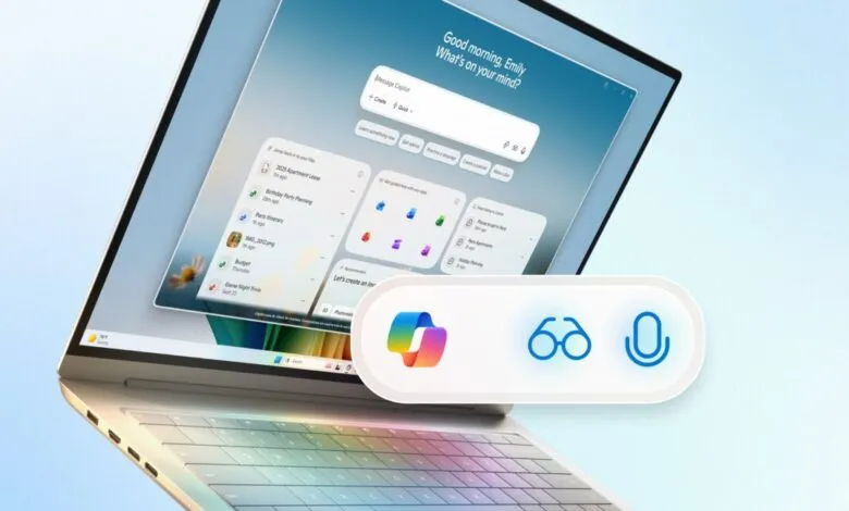 Laptop displaying Windows Copilot AI assistant interface with colorful icons.