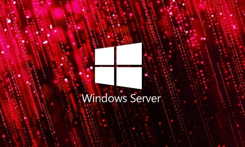 White Windows Server logo against a red digital rain background.