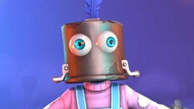Close-up of a quirky 3D animated robot character with large blue eyes and a feather.