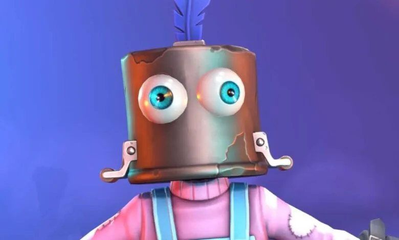 Close-up of a quirky 3D animated robot character with large blue eyes and a feather.